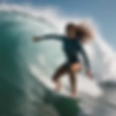 Dynamic action shot of a woman surfing the waves