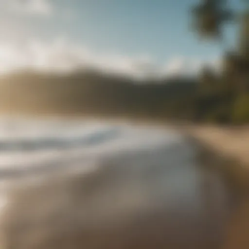 Serene beach view with surfers catching waves at Rapture Surf Camp