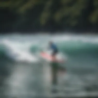 Group of enthusiastic surfers learning techniques with an instructor