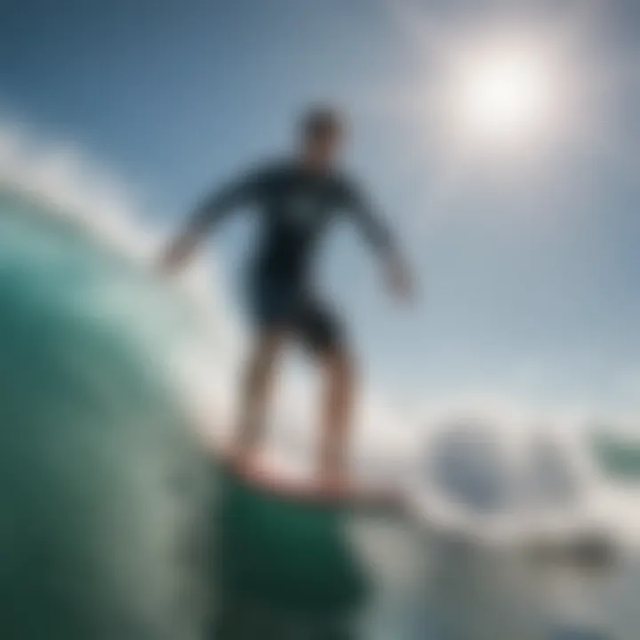 A surfer showcasing agility in Rip Curl board shorts while riding a wave