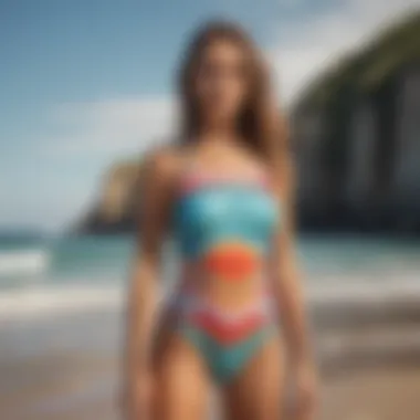 Vibrant Roxy surf swimsuit displayed on a sandy beach