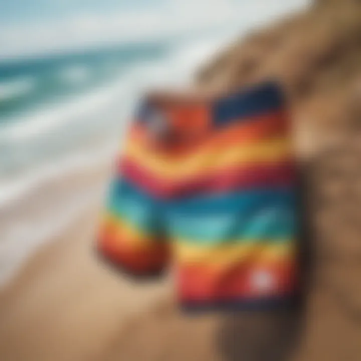 Vibrant board shorts displayed on a sandy beach with ocean waves