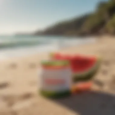 Sun Bum Watermelon Lip Balm displayed against a beach scene