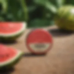 Close-up of Sun Bum Watermelon Lip Balm with a tropical backdrop