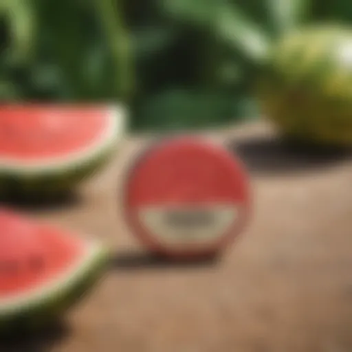 Close-up of Sun Bum Watermelon Lip Balm with a tropical backdrop