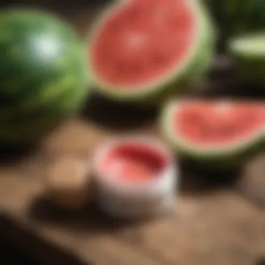 Ingredients of Sun Bum Watermelon Lip Balm on a wooden surface