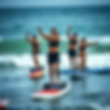 Collaborative Balance Exercises with Surf Boards Group session showcasing various surf balance board techniques