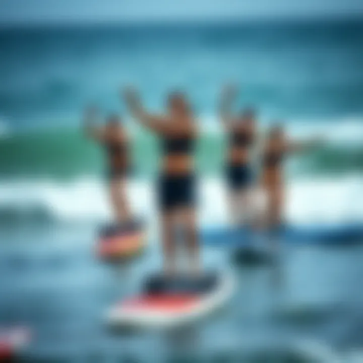 Collaborative Balance Exercises with Surf Boards Group session showcasing various surf balance board techniques