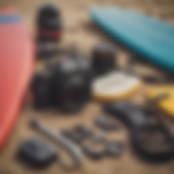 Close-up of essential surfing gear laid out