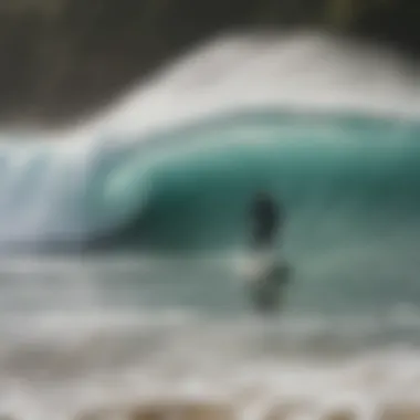 A scenic beach view with surfers riding waves