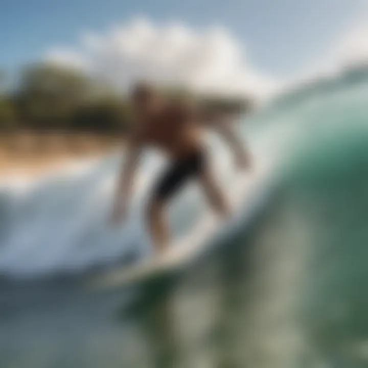 Close-up of a surfer catching a wave in a Texas surf park environment.