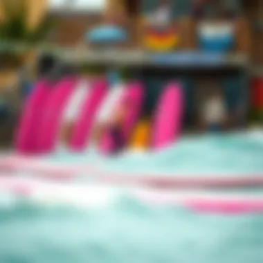 A vibrant scene of pink long boards in action at a surf location.