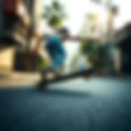 Dynamic longboard sliding on a sunlit street