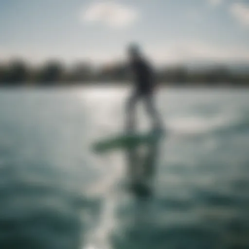 An electric foil board gliding effortlessly over calm waters