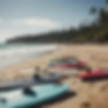 Diverse range of electric surfboards displayed on a beach