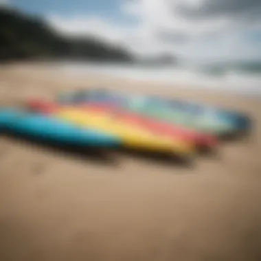 Colorful surfboards lined up on the sandy shore, ready for use.