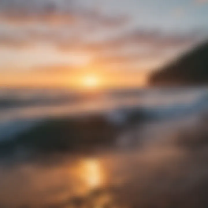 A picturesque sunset over the ocean, providing the perfect backdrop for surfing.