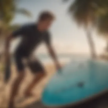 An individual packing a surfboard into a high-quality board bag