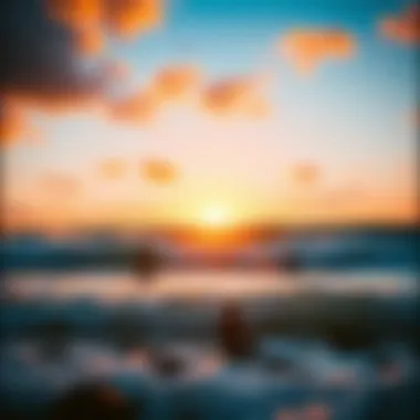 A vibrant sunset casting golden hues over a tranquil beach with surfers catching waves