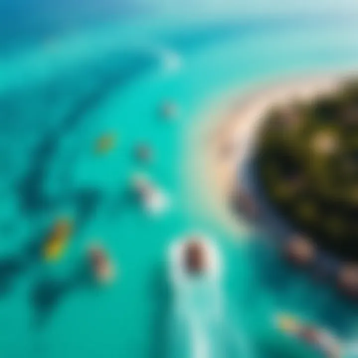 A breathtaking aerial view of a tropical destination showcasing various watersport activities and turquoise waters