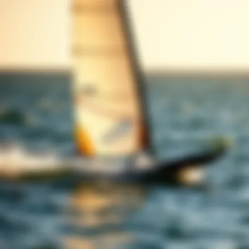 Sailboard in Motion A sailboard gliding over the water with wind catching the sail