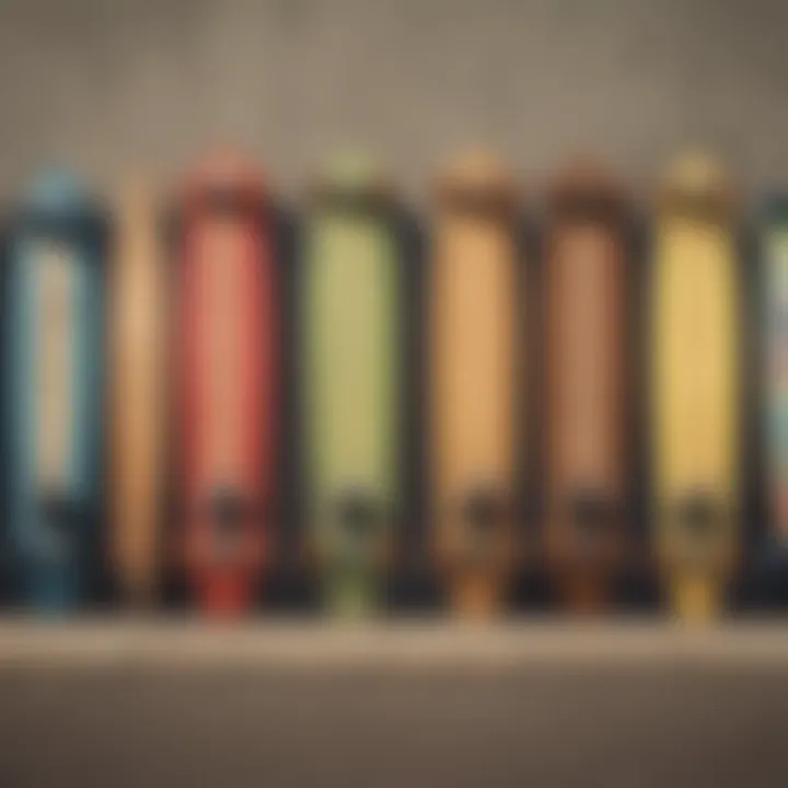 Different types of longboards lined up for comparison