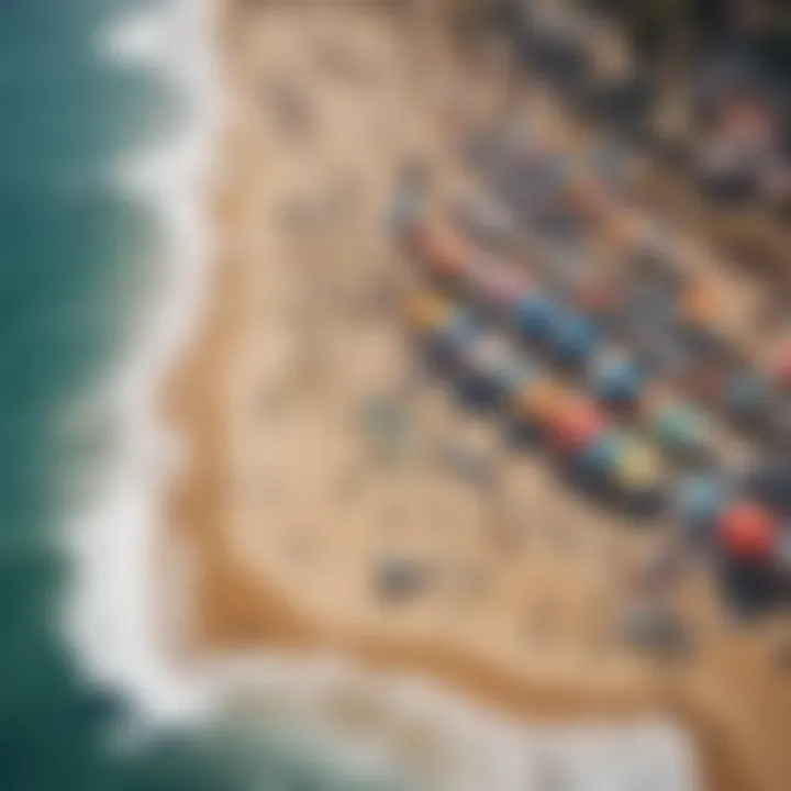 An aerial view of a busy beach with various water sports activities