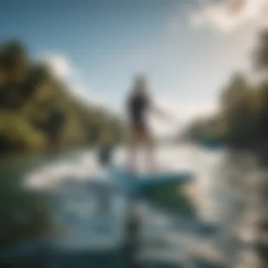 A vibrant scene of water sports enthusiasts enjoying the thrill of jet-powered paddle boarding.