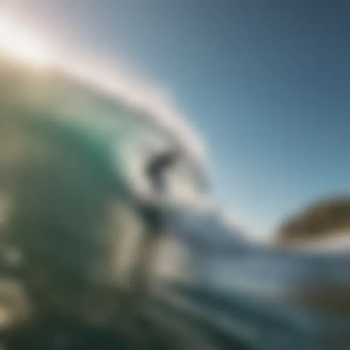 A surfer riding a wave under a bright sun