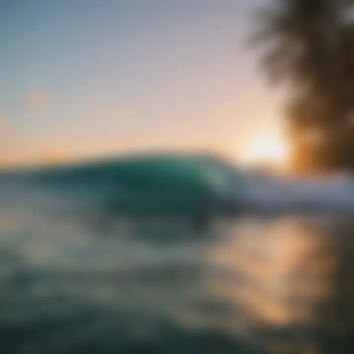 A serene island surf spot at dawn with gentle waves.