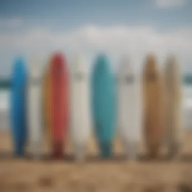 An assortment of wave surfboards lined up on the beach, illustrating various types and styles