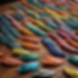 An array of vibrant viper fins displayed on a wooden surface, showcasing different types and colors.