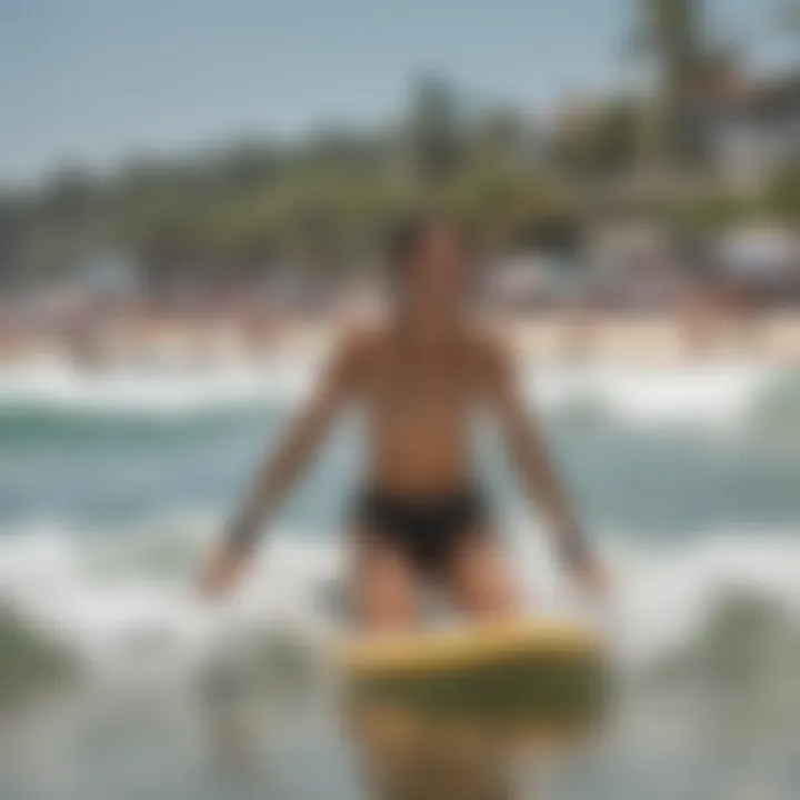 A lively scene of a mini body boarding community enjoying a day at the beach