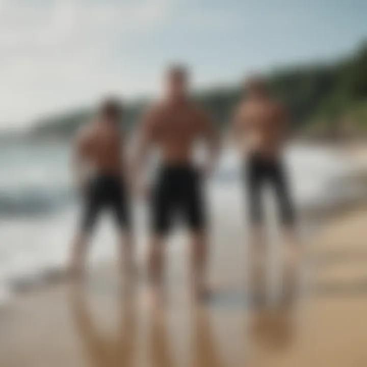 Group of athletes discussing ollie technique on the shore