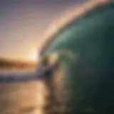 A breathtaking view of a surfer carving through a wave at sunset, showcasing the beauty of quicksilver surfing.