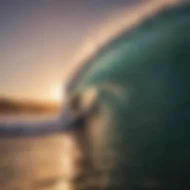 A breathtaking view of a surfer carving through a wave at sunset, showcasing the beauty of quicksilver surfing.