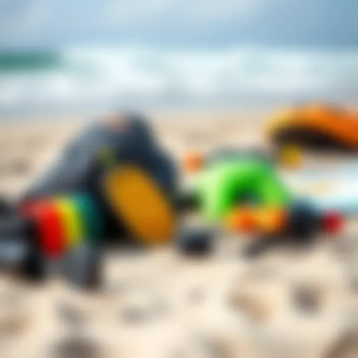 Essential Surfing Gear Close-up of essential surfing gear laid out on a beach