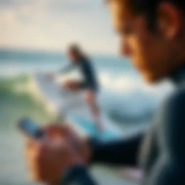 Surfer using a mobile app connected to GPS watch
