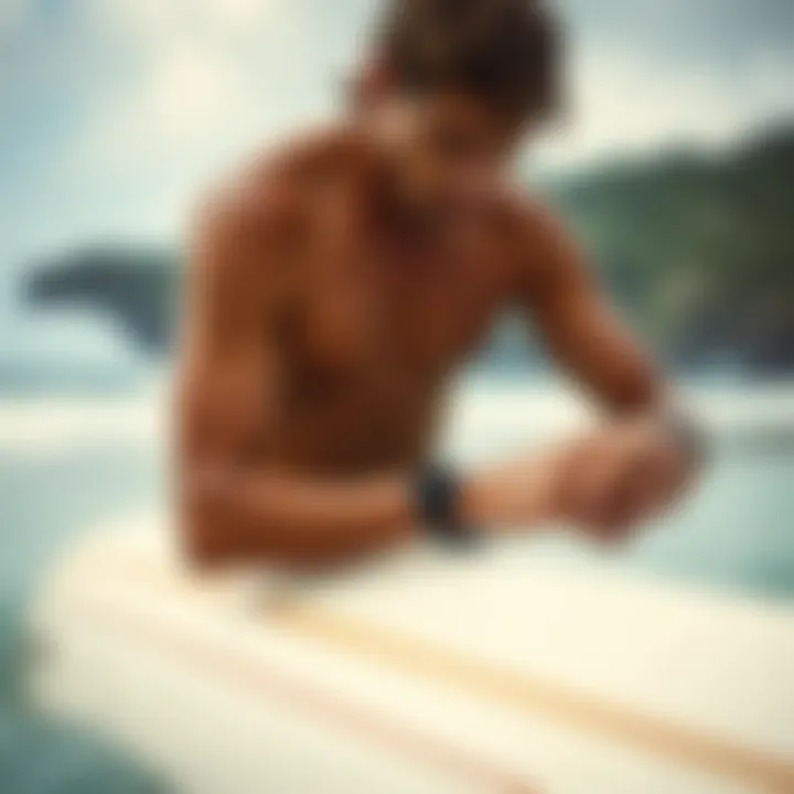 Surfer checking GPS watch on the beach