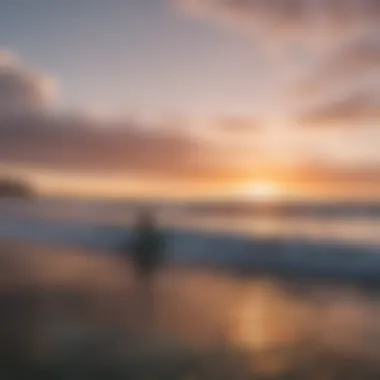 A serene sunset over the ocean with surfers silhouetted against the sky