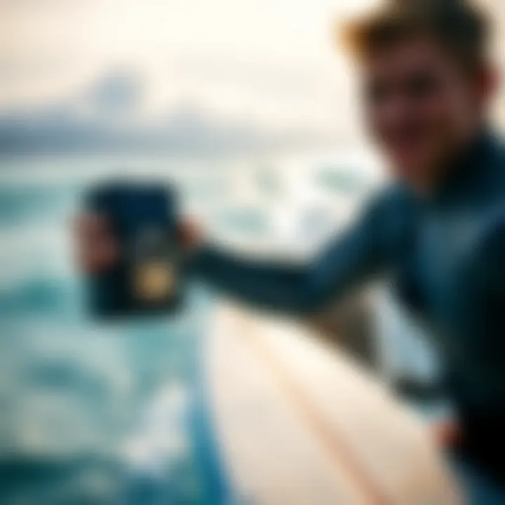 A surfer showcasing the integration of technology with a lock box