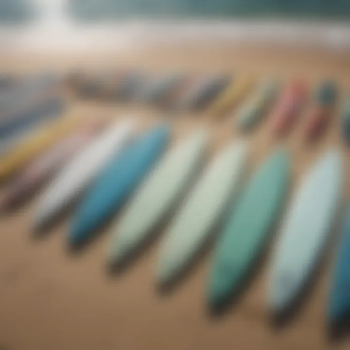 A selection of various hard top surfboard models displayed on a beach, emphasizing choice and variety.