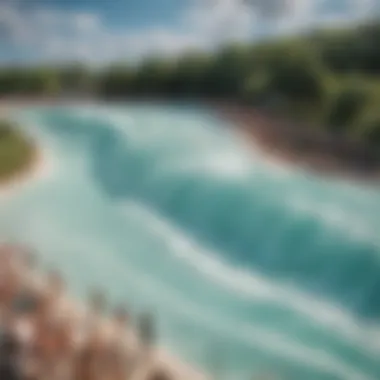 A scenic view of the wave pool surrounded by vibrant greenery and spectators.