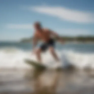 Dynamic skim boarder catching a wave on the East Coast beach