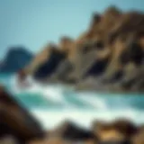 Dynamic Skimboarding on a Rocky Reef Dynamic skimboarding action on a rocky reef