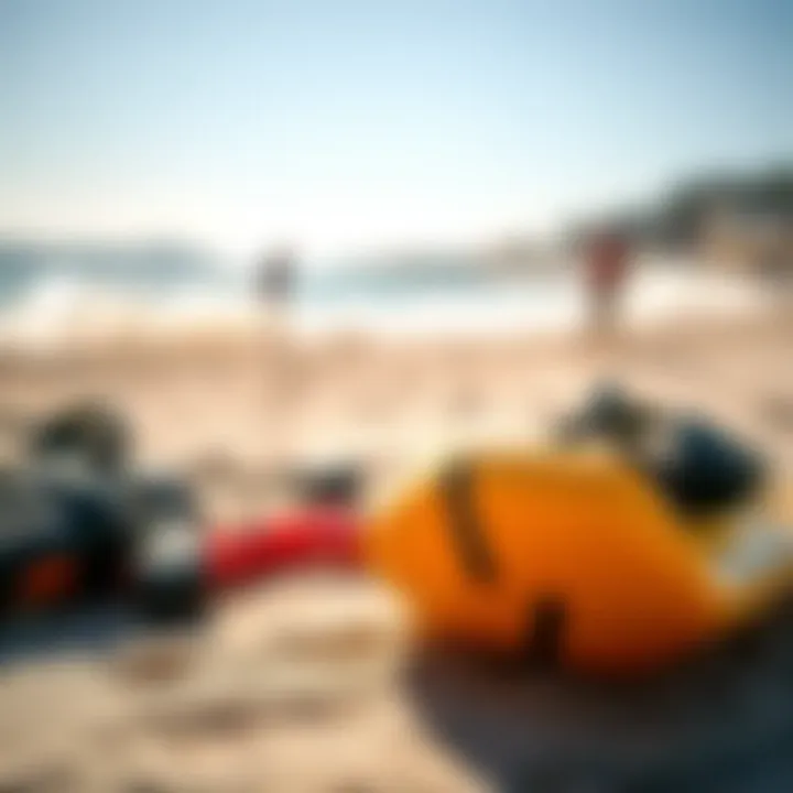 Essential Skimboarding Gear on the Beach Close-up of skimboard gear laid out on the beach