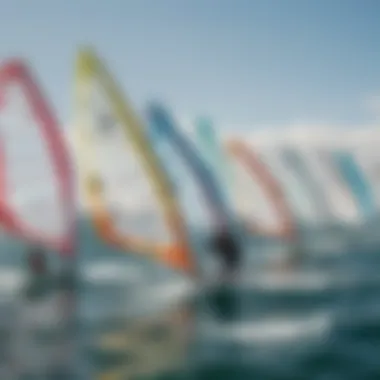 An array of windsurfing sails from various brands, highlighting differences in style and features