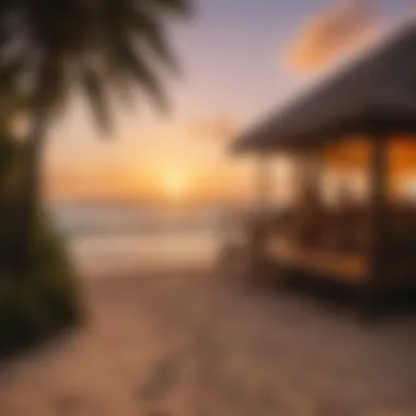 A couple enjoying a sunset view from their beachside villa shack.