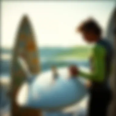 A surfer inspecting the condition of a second-hand surfboard, highlighting the importance of quality.