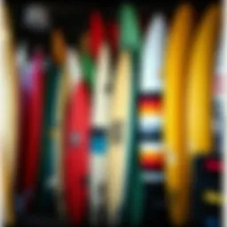 A vibrant array of used surfboards in a Los Angeles shop, showcasing unique designs and shapes.